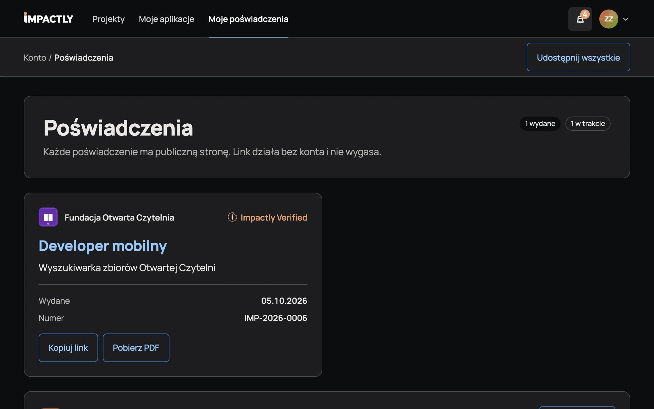 Lista poświadczeń studenta z numerem, projektem i organizacją