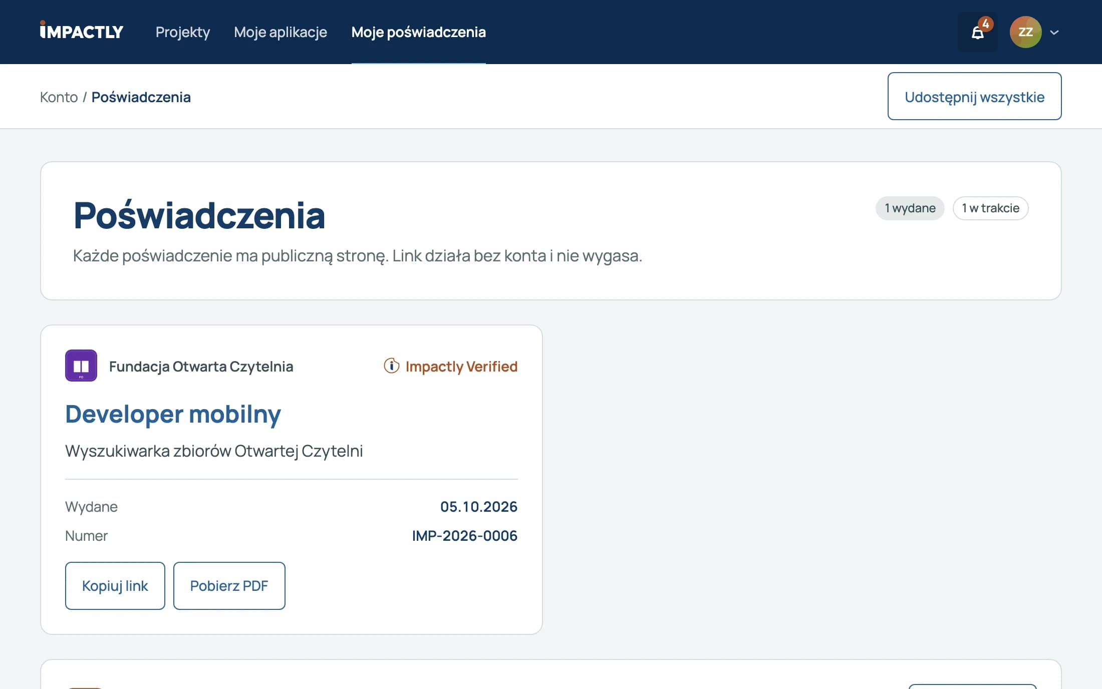 Lista poświadczeń studenta z numerem, projektem i organizacją