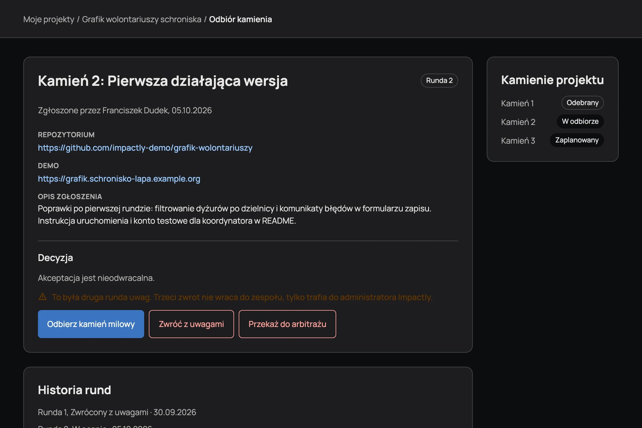 Ekran odbioru kamienia milowego z decyzją o odbiorze lub zwrocie z uwagami