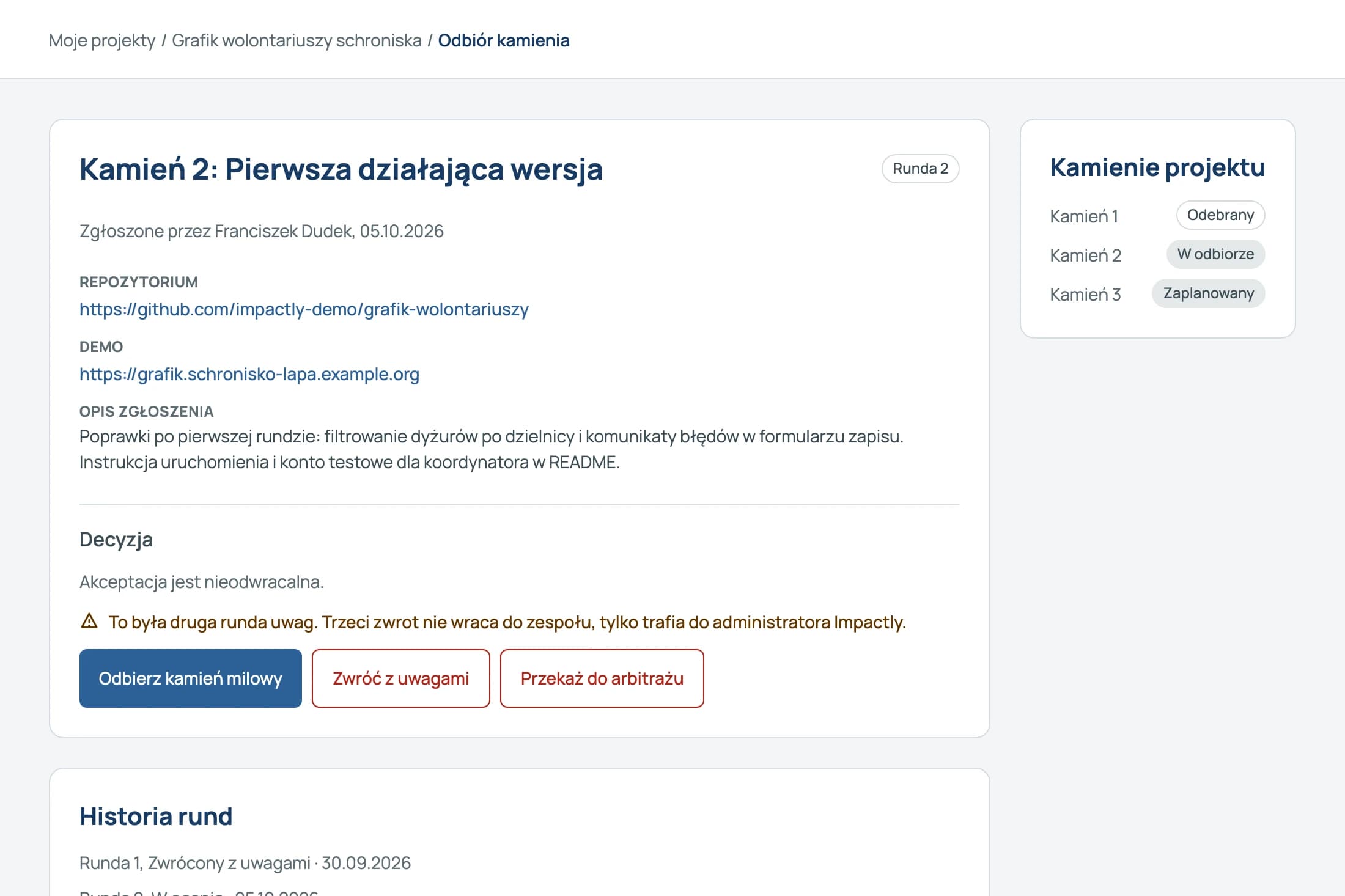 Ekran odbioru kamienia milowego z decyzją o odbiorze lub zwrocie z uwagami