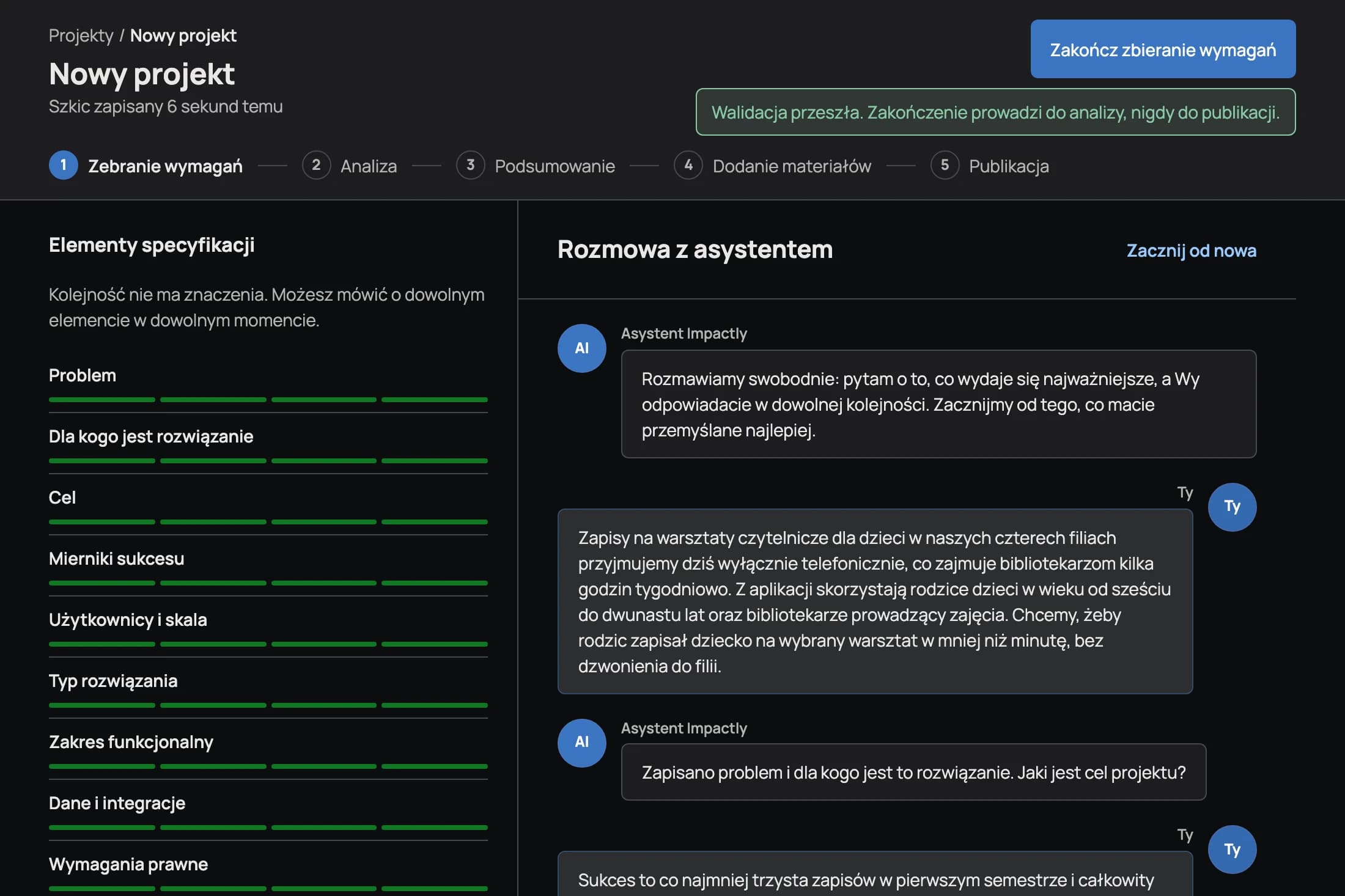 Ekran rozmowy z asystentem AI i lista elementów specyfikacji z postępem uzupełniania