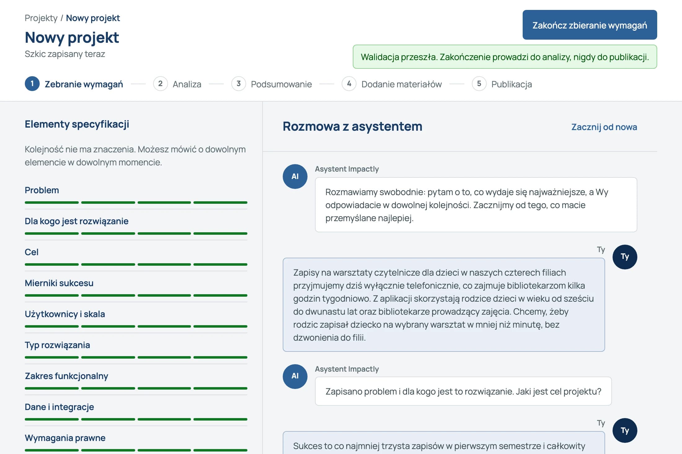 Ekran rozmowy z asystentem AI i lista elementów specyfikacji z postępem uzupełniania